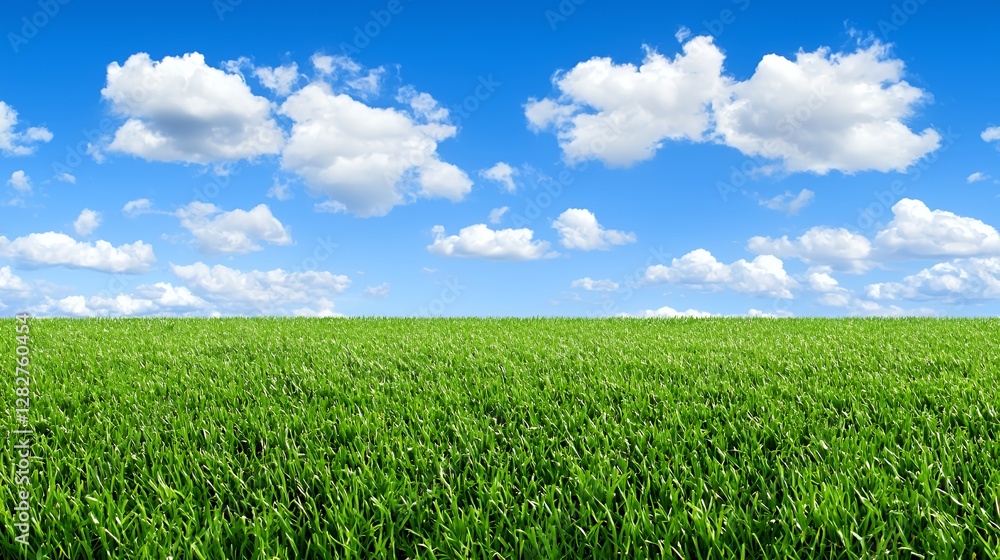 Vibrant Green Field Under a Blue Sky with Fluffy White Clouds Vibrant Green Field Under a Blue Sky with Fluffy White Clouds
