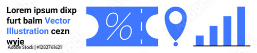 Discount ticket with percentage, location pin, and bar chart representing sales growth, customer tracking, data analysis, marketing, discounts, strategy and finance. Abstract line flat metaphor