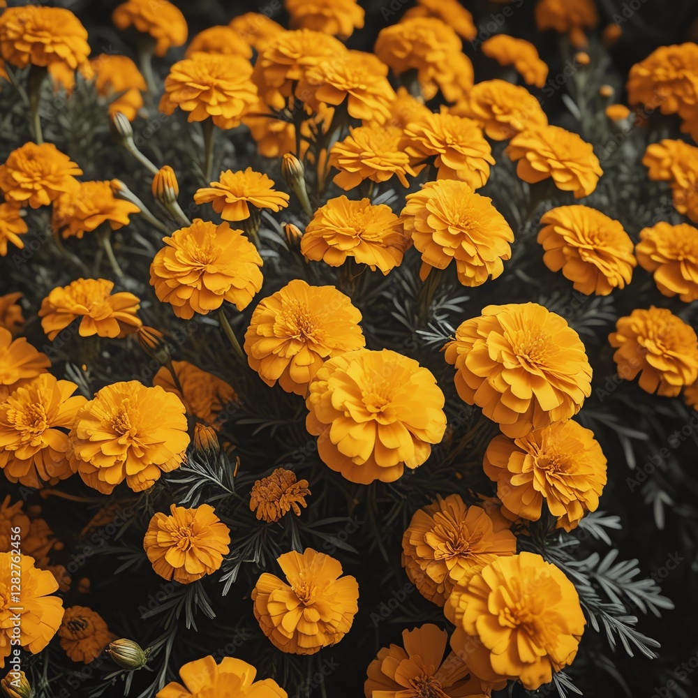 Fototapeta premium Marigold with curly petals that repels pests and adorns gardens with golden tones