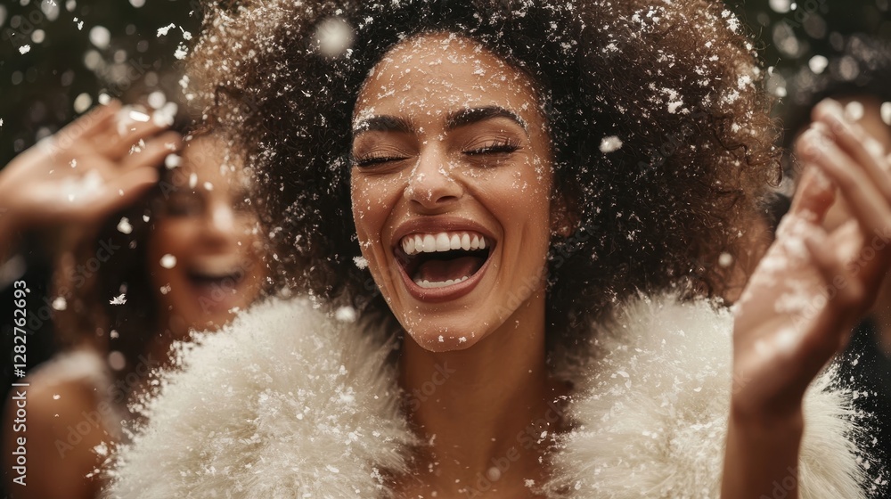 Fototapeta premium A woman with curly hair joyfully laughs while surrounded by friends, with snowflakes gently falling around her in a festive atmosphere.