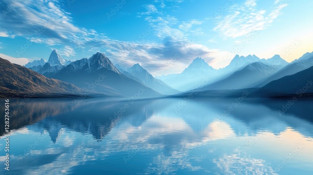A 3D render unveils a mystical panorama where majestic mountains pierce a cerulean sky, their peaks reflecting in a serene body of water. A spiritual zen wallpaper with a skyline beckons, inviting A 3D render unveils a mystical panorama where majestic mountains pierce a cerulean sky, their peaks reflecting in a serene body of water. A spiritual zen wallpaper with a skyline beckons, inviting