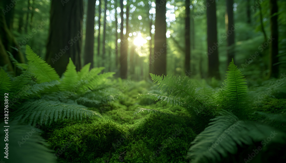 Serene sunlit forest floor, lush ferns and moss, sunlight filtering through trees. Perfect for nature, ecology, and tranquility themes. Serene sunlit forest floor, lush ferns and moss, sunlight filtering through trees. Perfect for nature, ecology, and tranquility themes.