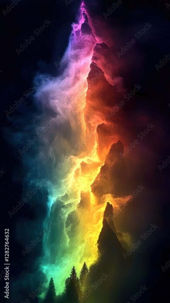 Obraz premium Colorful nebula cloudscape rising from mountains at night for fantastical backgrounds
