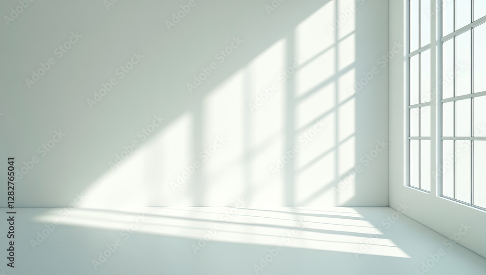 Sunlight streams through large window in empty white room, ideal for interior design Sunlight streams through large window in empty white room, ideal for interior design