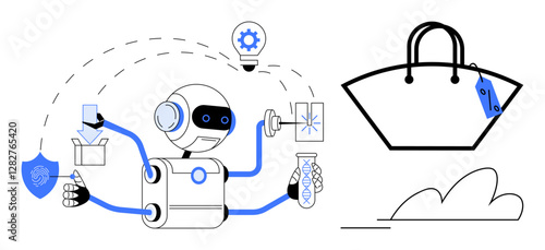 Robot multitasking with packaging, innovation, and experimentation represented by various icons. Right side features a handbag. Ideal for automation, technology, science, safety, creativity retail