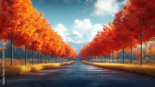 Enchanting autumn forest in ethereal blue fog – vibrant orange and red leaves, dreamy pathway, and magical landscape