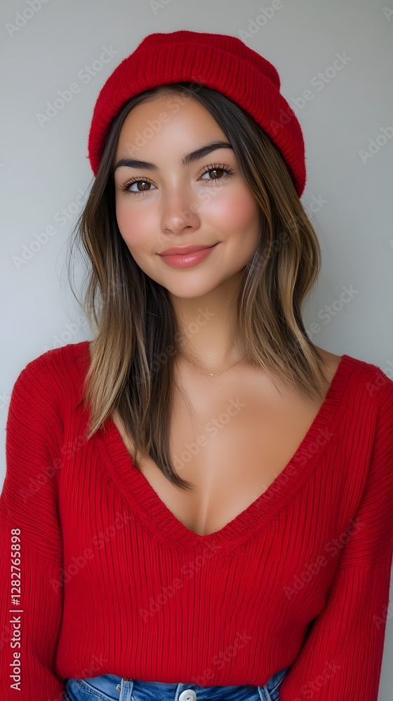Smiling young woman in a red sweater and beanie with soft, natural lighting. Smiling young woman in a red sweater and beanie with soft, natural lighting.