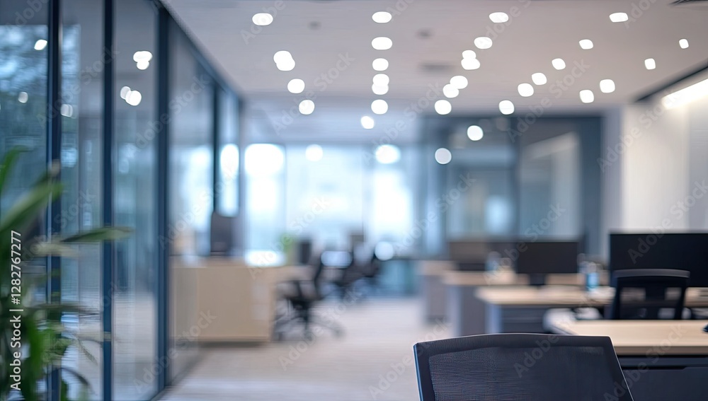 Modern office, empty desks, blurred background, glass walls, workday Modern office, empty desks, blurred background, glass walls, workday