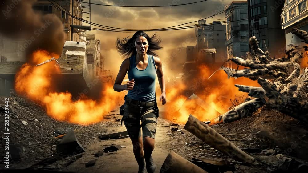 Action shot with woman running brave. Dynamic scene in action movie ...