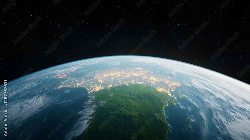Obraz premium Night Earth, city lights, coastal view, space perspective, global geography