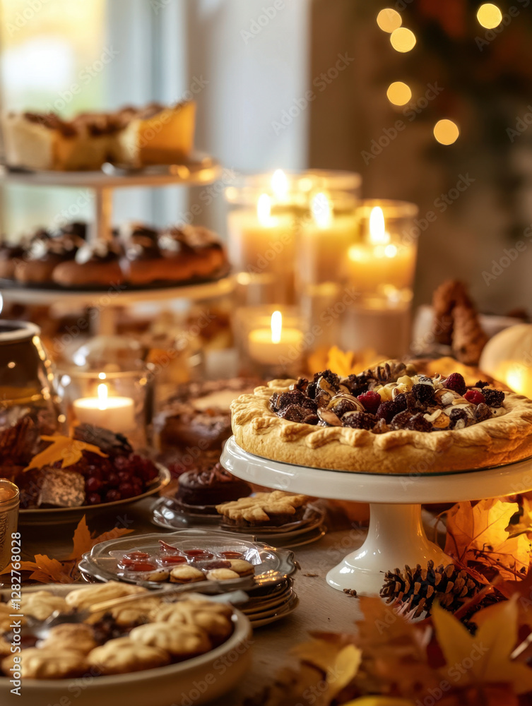 A Thanksgiving dessert table with pies, cakes, and cookies A Thanksgiving dessert table with pies, cakes, and cookies