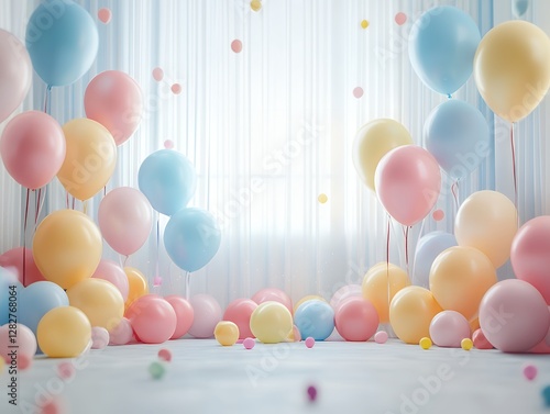Pastel balloons in a decorated room with soft light and curtains. Party celebration background with floating and scattered balloons. Birthday or baby shower concept