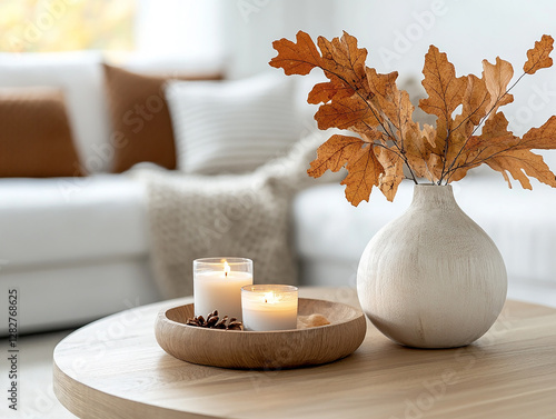 Scandinavian living room, featuring white walls and wooden accents. The room is complemented by autumn leaves placed in a vase and candles on the coffee table.