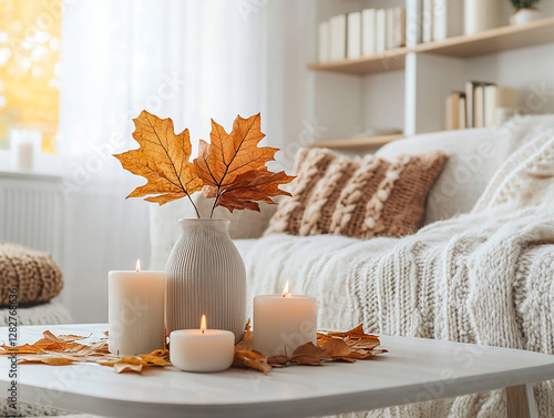 Scandinavian living room, featuring white walls and wooden accents. The room is complemented by autumn leaves placed in a vase and candles on the coffee table.