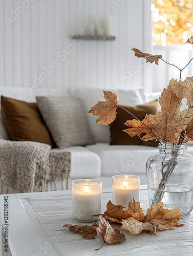 Scandinavian living room, featuring white walls and wooden accents. The room is complemented by autumn leaves placed in a vase and candles on the coffee table.