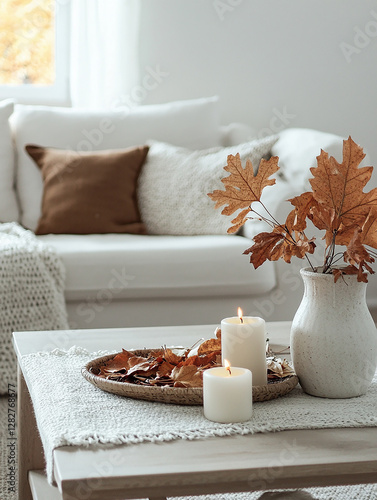 Scandinavian living room, featuring white walls and wooden accents. The room is complemented by autumn leaves placed in a vase and candles on the coffee table.