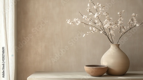 A serene haven of beige, sepia, and cream, adorned with an abstract linen wallpaper texture, evoking a sense of tranquility and sophistication.