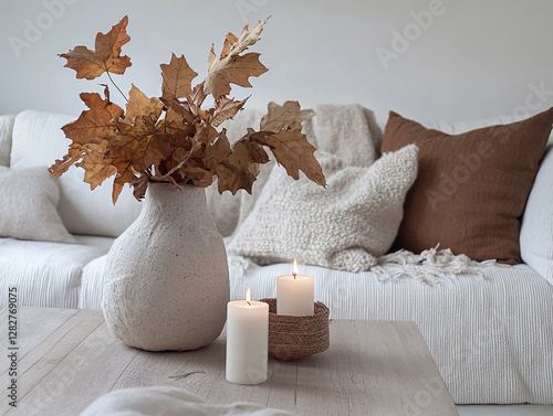 Scandinavian living room, featuring white walls and wooden accents. The room is complemented by autumn leaves placed in a vase and candles on the coffee table.