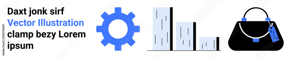 Blue gear, a bar graph symbolizing data or growth, and a black luxury handbag. Ideal for technology, business, fashion, data analysis, industry, branding e-commerce flat landing page banner Blue gear, a bar graph symbolizing data or growth, and a black luxury handbag. Ideal for technology, business, fashion, data analysis, industry, branding e-commerce flat landing page banner