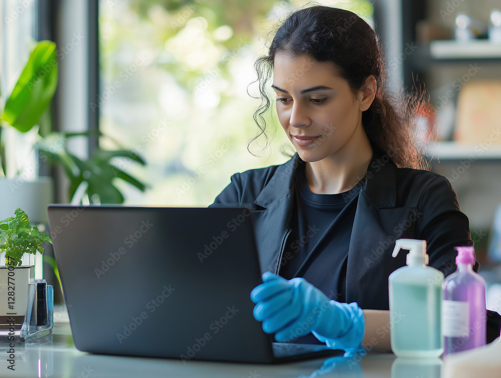 a female employee is working and cleaning her laptop in a cafe a female employee is working and cleaning her laptop in a cafe