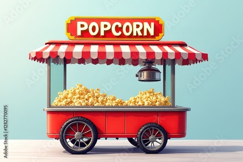 Detailed creative vector illustration on street food vending cart with popcorn machine