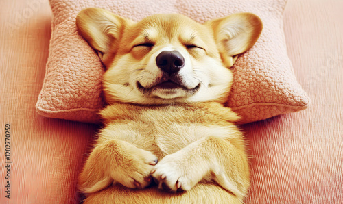 Adorable Pembroke Welsh Corgi puppy sweetly sleeping on a pink cushion, paws tucked in.  Peaceful dog nap.