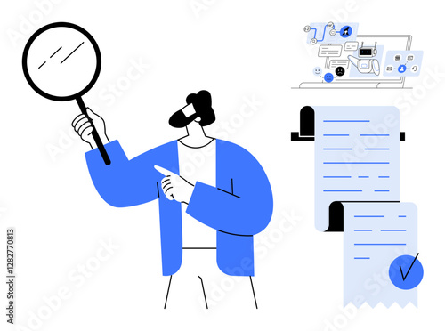 A person holding a magnifying glass, pointing at research notes and a checklist. Ideal for business analysis, research, project planning, data examination, decision making. Minimalist, modern, vector