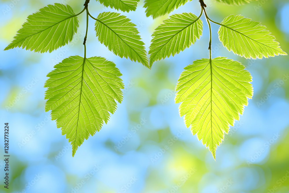 Vibrant green leaves backlit by sunlight against a soft blue sky, nature background image. Vibrant green leaves backlit by sunlight against a soft blue sky, nature background image.