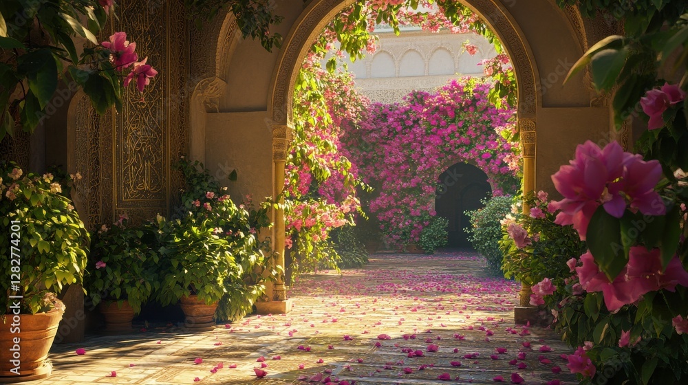 Fototapeta premium Serene Garden Pathway Surrounded by Vibrant Blooming Flowers