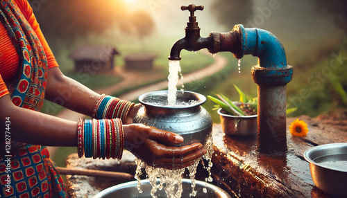 Rural Water Collection, Traditional Water Tap, Woman Collecting Water, Clean Water Access, Village Lifestyle Scene, Indian Culture and Water, Daily Life in Rural Area.

