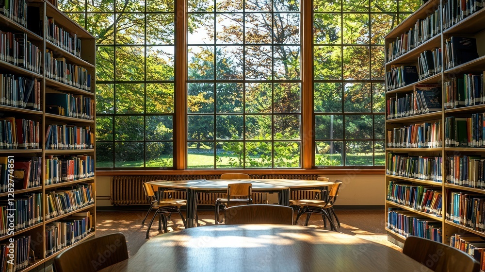 Library interior with wooden tables, bookshelves, and park view through large windows Library interior with wooden tables, bookshelves, and park view through large windows