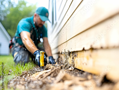 Home repairman inspecting termite damage at house foundation, suburban yard.  Stock photo for home repair, pest control, or insurance