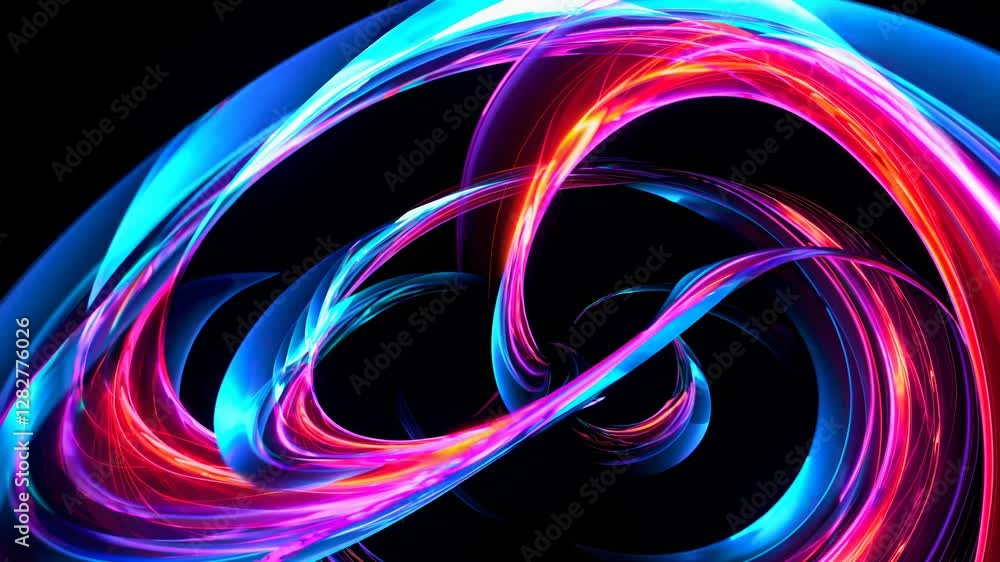 Dynamic abstract video art with swirling neon lights in vibrant blue and pink hues. Captured from a high-angle perspective against a dark background.