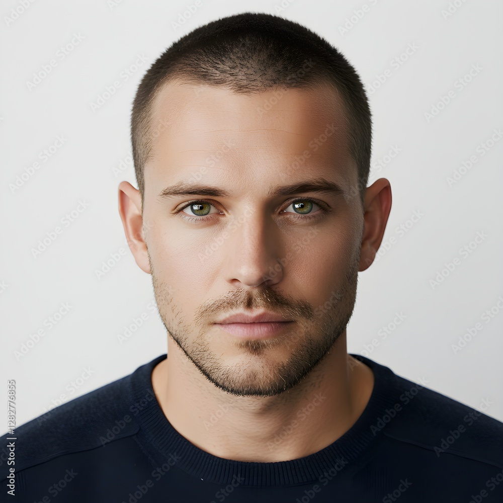 Fototapeta premium Front facing portrait of a man with buzz cut hairstyle with white background