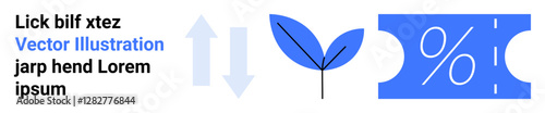 Leaf symbolizes growth, arrows denote progress, and coupon suggests discounts or savings. Ideal for eco-consciousness, promotions, progress, growth, environment business savings. Abstract line flat