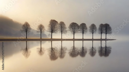 Serene Symmetry: Misty Morning on the Lake with Seven Trees