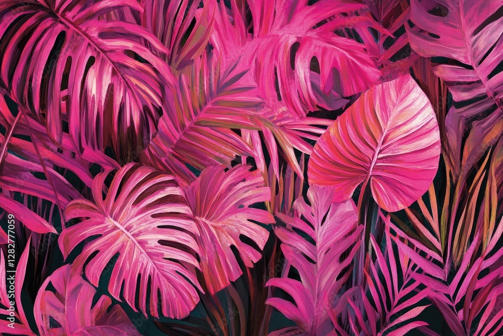 Pink tropical leaves, vibrant jungle background, digital art, design print Pink tropical leaves, vibrant jungle background, digital art, design print