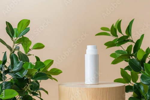 White cosmetic bottle on wooden display with plants.