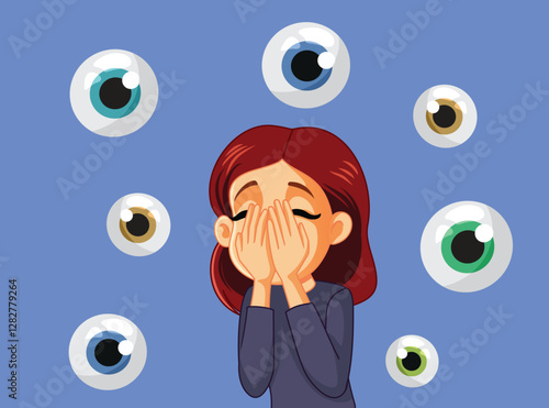 Woman Afraid of Mass Surveillance Hiding Her Face Vector Cartoon. Girl in a paranoiac state feeling all eyes on her invading her privacy
