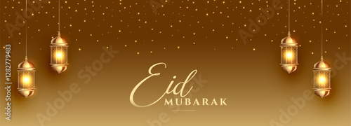 beautiful eid mubarak religious banner with glowing lantern design