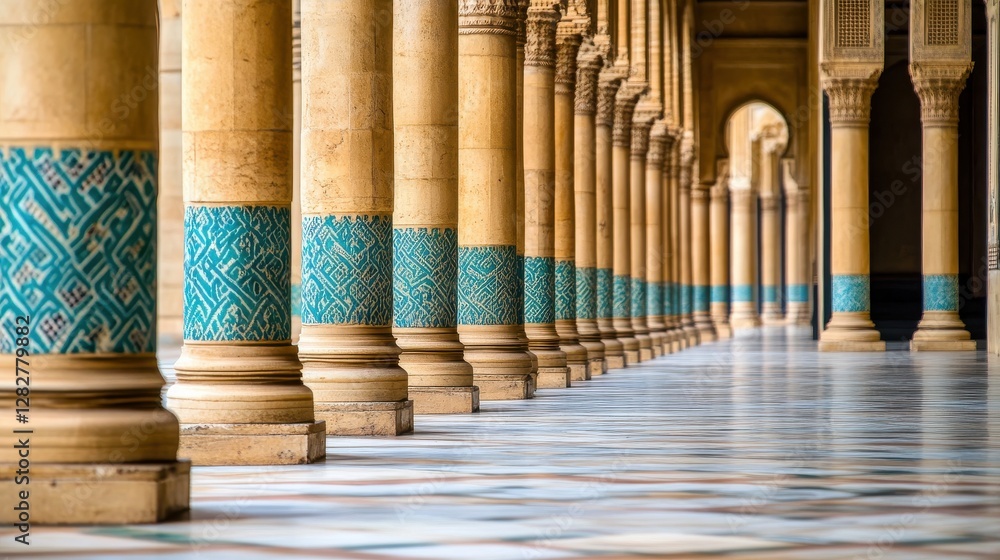 Obraz premium Elegant columns with intricate patterns in a historic building corridor