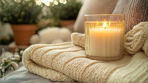 Lit candle on cozy sweater, home decor, relaxation