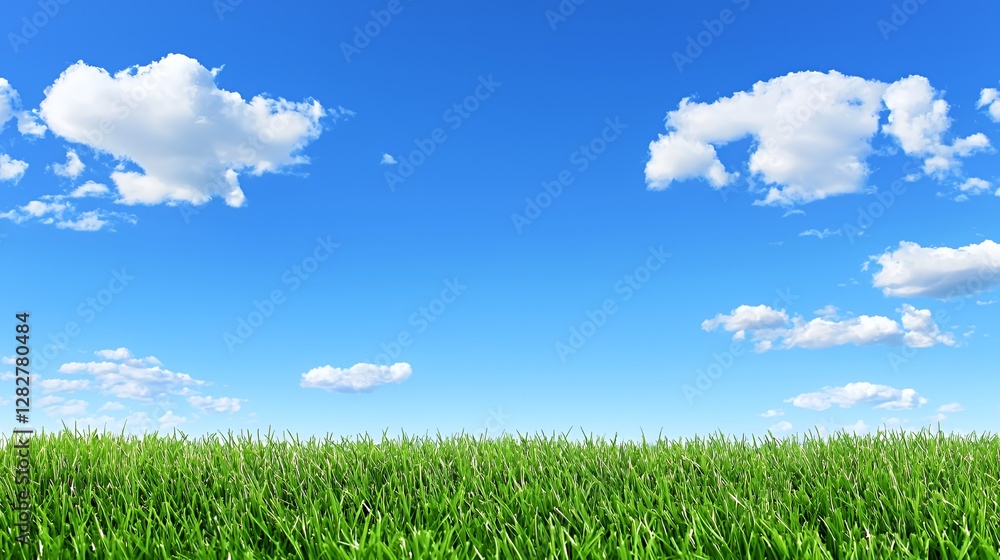 Vibrant Green Grass Field Under a Blue Sky with Fluffy Clouds Vibrant Green Grass Field Under a Blue Sky with Fluffy Clouds