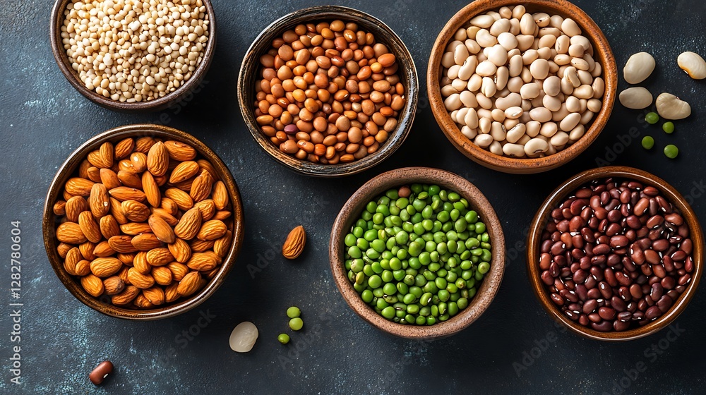 Collection of nutritious legumes and nuts in bowls, a healthy and diverse food image showcasing various types of beans, lentils, quinoa, and almonds. Collection of nutritious legumes and nuts in bowls, a healthy and diverse food image showcasing various types of beans, lentils, quinoa, and almonds.