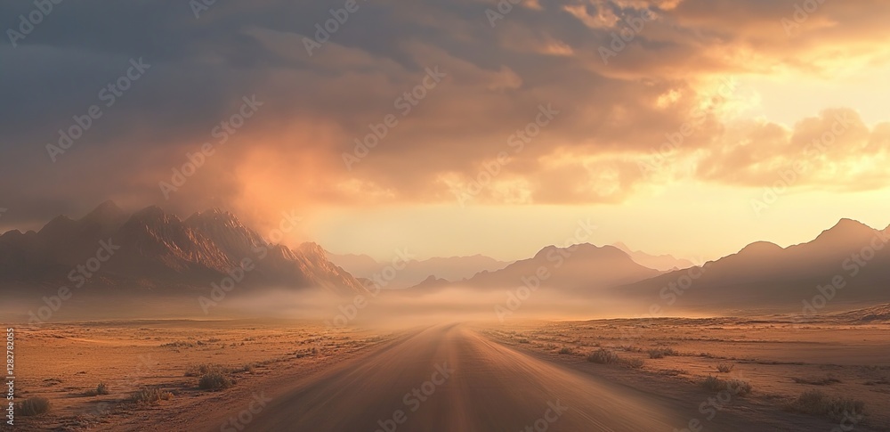 Desert Road: Golden Sunset, Mountains, and Dust Clouds at Dusk Desert Road: Golden Sunset, Mountains, and Dust Clouds at Dusk