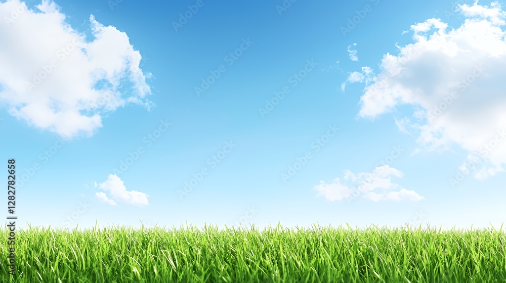 Vibrant Green Grass Field Under a Bright Blue Sky with Fluffy White Clouds Vibrant Green Grass Field Under a Bright Blue Sky with Fluffy White Clouds