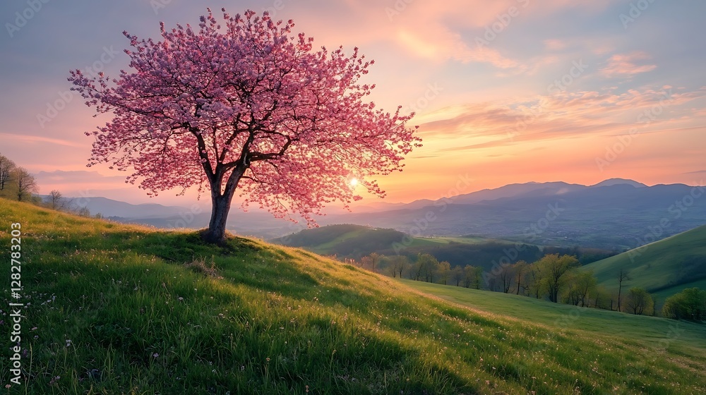 Serene Sunset Landscape with Blooming Tree Serene Sunset Landscape with Blooming Tree