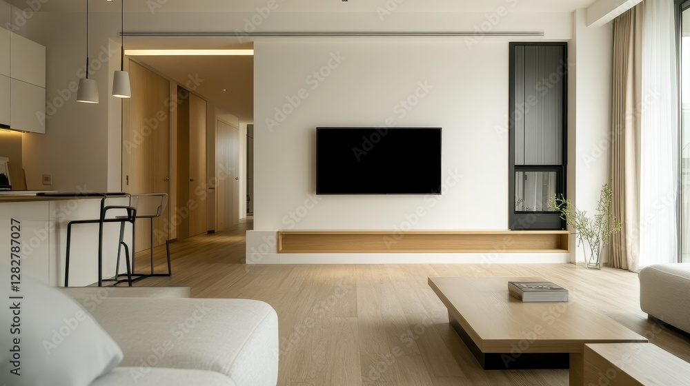A sleek white wall serves as a blank canvas, ready to display your creative masterpiece, framed by a warm wooden floor that invites you to step into a stylish and inviting space. A sleek white wall serves as a blank canvas, ready to display your creative masterpiece, framed by a warm wooden floor that invites you to step into a stylish and inviting space.