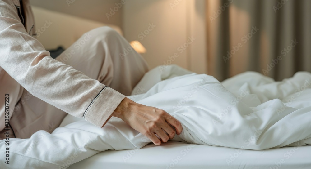 Person in pajamas making bed with white sheets cozy bedroom setting Person in pajamas making bed with white sheets cozy bedroom setting