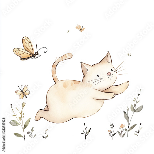Playful Cat Chasing Colorful Butterfly in Minimalist Isolated Setting Capturing the Joy of Nature and the Curiosity of Feline Friends in a Serene Outdoor Environment